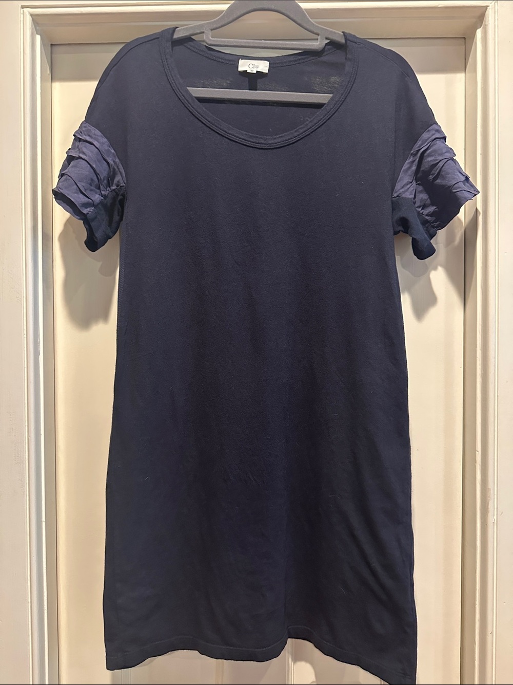 CLU Navy Short-Sleeve Mini Dress with Ruffle Sleeve Detail